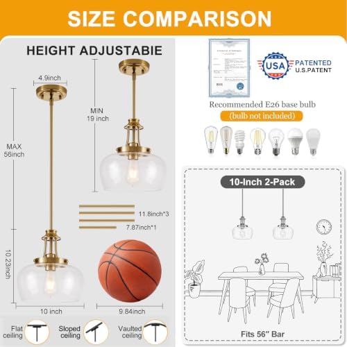 Modern Pendant Lights Kitchen Island, Brushed Gold Pendant Light Fixtures with 10" Clear Glass Shade, Industrial Hanging Pendant Lights Fixture for Kitchen Island Dining Room Bedroom Foyer Entryway - Image 5
