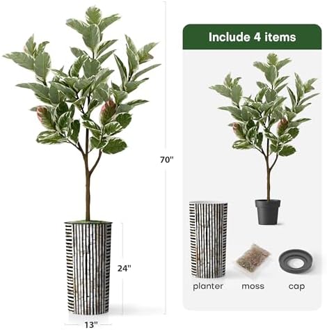 Artificial Tree in Black and Brown Striped Planter, Fake Rubber Silk Tree for Indoor and Outdoor Home Decoration - 70" Overall Tall (Plant Pot Plus Tree) - Image 5