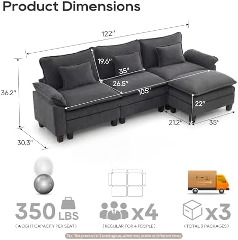 URRED Oversized Modular Sectional Sofa，Dark Gray：122" L Shaped - Image 2