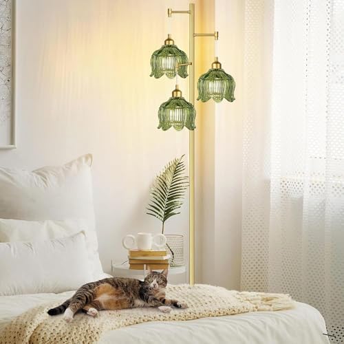Glass Floor Lamp for Living Room,Bedroom,Gold Mid Century Modern Standing Lamp Brass Tree 3 Light Tall Floor Lamps Vintage Retro Floor Lights Green Flower Lamp Shade Farmhouse Boho Bohemian - Image 2