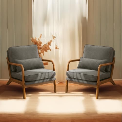 Bonnlo Linen Dark Grey Accent Chairs Set of 2, Upholstered Mid Century Modern Lounge Chairs Reading Chairs Side Sitting Chair Solid Wood Farmhouse Armchairs for Living Room, Bedroom, Guest Room by Bonnlo