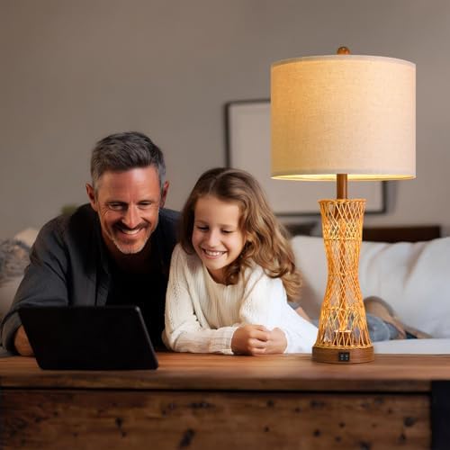 OYEARS 27" Table Lamps Set of 2 with Rattan & Dual Lights, Boho Lamps for Nightstands, Bedside Lamps for Bedroom, Nightstand Lamp for Living Room, Farmhouse Table Lamp for Office & Study - Image 5