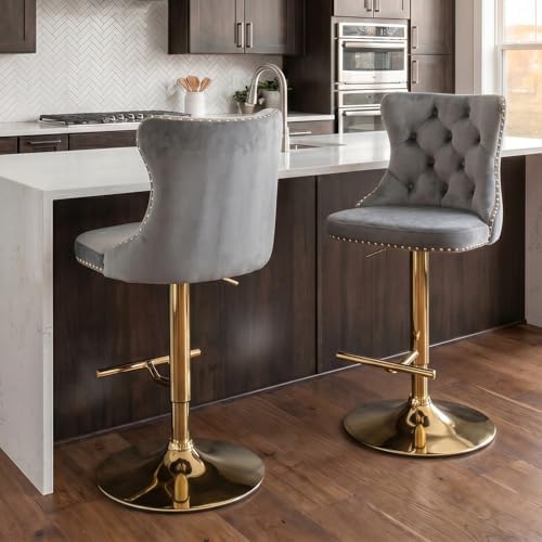 SoarFlash Velvet Bar Stool Set of 2, Adjustable Swivel Bar Stools with Gold Plated Metal Leg, Button Tufted, Footrest, Chrome Nailhead,Counter Height Chair for Kitchen, Bar, Dining Room (Grey) - Image 4