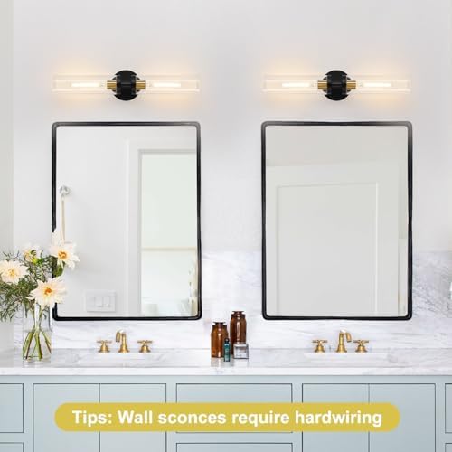 Indoi Hardwired Wall Sconces Set of Two, 22" Black and Gold Bathroom Sconces with Clear Glass, Modern Sconces Wall Decor Set of 2 Wall Light fixtures for Bathroom Mirror Living Room Hallway Bedroom - Image 6