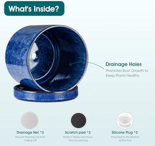 vancasso Ceramic Planters, Plant Pots for Indoor Plants, 6.25+8.25+10.25 Inch Ceramic Pots for Plants, Flower Pots with Drainage Holes (Blue, 6.25+8.25+10.25 Inch) - Image 4