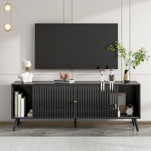 Oubayajia Mid Century Modern TV Stand for Televisions up to 70 Inches, with Sliding Doors and Storage, Television Stands, TV Consoles, Media Consoles for Living Room, 63 Inch (Black) - Image 3