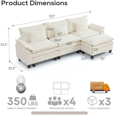 URRED Oversized Modular Sectional Sofa，White：122" L Shaped - Image 2