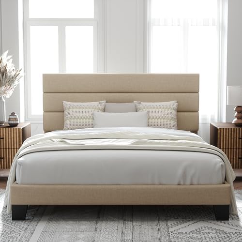 Allewie King Size Platform Bed Frame with Fabric Upholstered Headboard and Wooden Slats Support, Fully Upholstered Mattress Foundation/No Box Spring Needed/Easy Assembly, Beige by Allewie