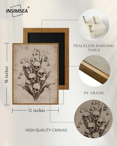 InSimSea Framed Gothic Wall Art Vintage Decor, Skull Flowers Print, 12x16In - Image 3