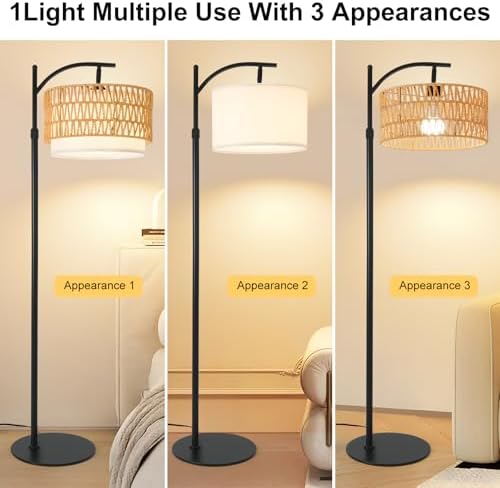 Rustic Black Farmhouse Floor Lamp with Woven Rattan Shade - 12W LED, Remote & Dimmable 3-Color Temp, Tall Standing Lamp for Living Room - Image 3