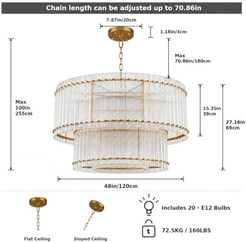 48-Inch Ripple Glass Chandelier, 3-Tier 20-Light Large Brass Round Chandelier for Dining Rooms, Living Rooms, Foyers, Staircases, Open-Concept Spaces & High Ceilings - Image 2