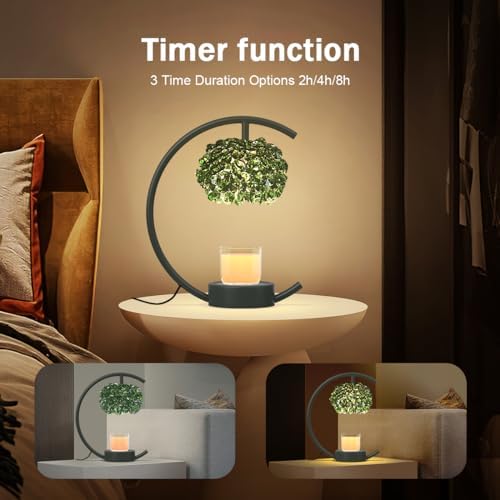 Yeuslor Candle Warmer Lamp for Jar Candles with Adjustable Brightness＆Timer，Handcrafted Green Crystal Candle Lamp Luxurious Design+2Bulbs,Home Decoration Electric Candle lamp(Balck C-Shaped) - Image 6