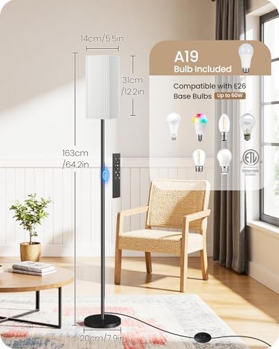 2Pack 64.2” Dimmable Floor Lamp for Living Room with Remote & Foot Switch, Corner Floor Lamp for Bedroom, Includes A19 Bulb, Modern Standing Tall Lamp, ETL Listed White and Black CW17LDP205 - Image 2