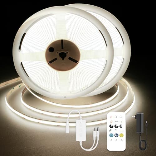 COB LED Strip Lights, Dotless LED Lights with Remote& App, 49.2ft Natural White 4000K Super Bright Dimmable 24V Flexible LED Tape Light,Kitchen Cabinet,Office,Stairs,Shelf Indoor Lighting. by AUZIWECOBLEDStripLights