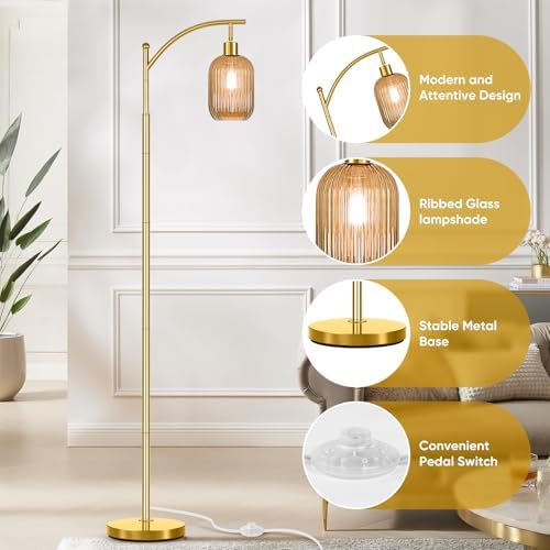 gernehop Glass Floor Lamp for Living Room, Modern Gold Standing Lamp with Ribbed Glass Lampshade Pedal Switch, 67” Tall Lamp for Bedroom Study Room - Image 4