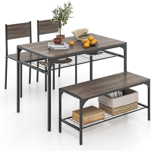 GIANTEX Dining Table Set for 4, Kitchen Table with Chairs & Bench, Storage Racks, Metal Frame, 4-Piece Space-Saving Dinette Set for Dining Room, Breakfast Nook, Small Space, Apartment, Grey by Giantex