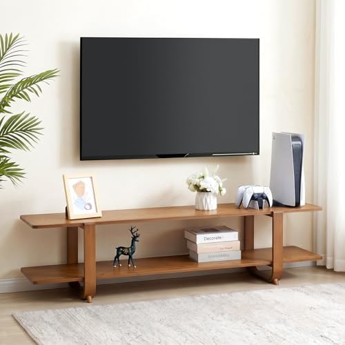 HollyHOME Bamboo TV Stand with Storage for TVs up to 65'', Modern Entertainment Center with 2 Open Shelf, Accent TV Media Console Table for Living Room, Bedroom, 55"(L), Walnut by HollyHOME