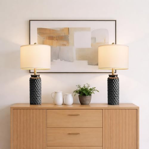 USumkky 24" Modern Ceramic Black Bedside Lamp Set of 2 Table Lamp for Bedroom Decor Farmhouse Table Lamp for Living Room Office Dorm by USumkky