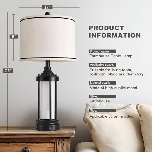 25'' Table Lamps for Bedroom Living Room Lamps Set of 2 Farmhouse Nightstand Bedside Lamps with USB Ports, Built-In Frosted Glass Night Light Industrial Metal Night Stand Lamp, Bulbs Included, Black - Image 6