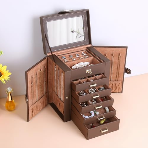 Kendal Jewelry Box, 6-Layer Jewelry Storage Organizer for Necklace Bracelet Rings Watch, 10.2"x8.2"x6" Classic Brown PU Leather 5 Drawers Large Storage Capacity with Mirror - Image 5