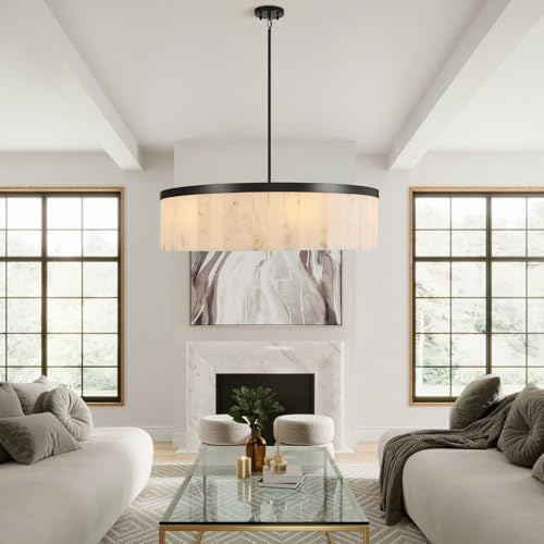 42" Round Alabaster Chandelier, Modern Black Marble Light Fixture - Image 2