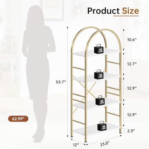 Shintenchi Arched Bookshelf, 4 Tier Bookcase, Tall Storage Shelf, Golden - Image 3