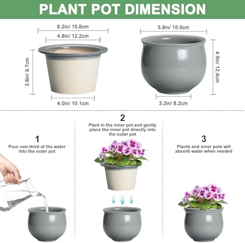 6 Inch Ceramic African Violet Pot, Easy Self Watering Pots with Absorbent Inner Pot, Round Self Watering Planter, Ceramic Pots for Plants Indoor, Apartment Decor, Housewarming Gifts, Grey - Image 2