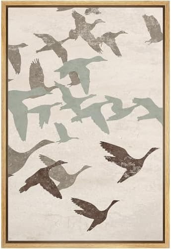 NWT Framed Canvas Print Wall Art Geese Flock in Neutral Tones Illustrations Modern Art Decorative Landscape Rustic Zen Colorful for Living Room, Bedroom, Office - 24"x36" Natural by NWT