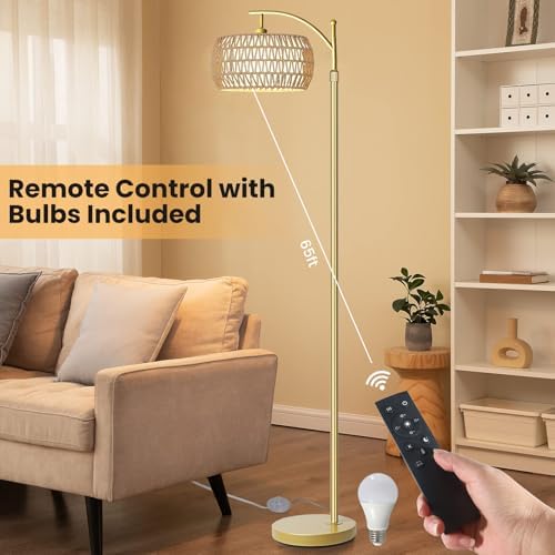 Yusist Arc Floor Lamp for Living Room,Farmhouse Floor Lamps with Remote Control & Dimmable Bulb,Gold Boho Rattan Tall Standing Lamp for Bedroom Office - Image 6
