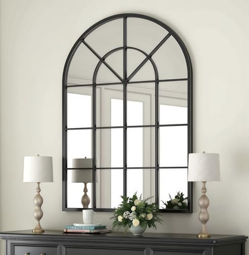 Dewfig Arched Wall Mirror, 42"x30" Metal Frame Windowpane Mirror, Black by YourSpacePerfectlyReflected
