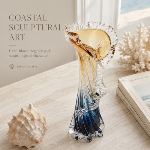Blue Blown Glass Vase, Modern Art Hand Blown Coastal Vase,Beautiful Unique Ocean Wave Centerpieces for Living Room, Bedroom, Office Desktop,Coffee Table and Wedding Decorative (Amber, L) - Image 6
