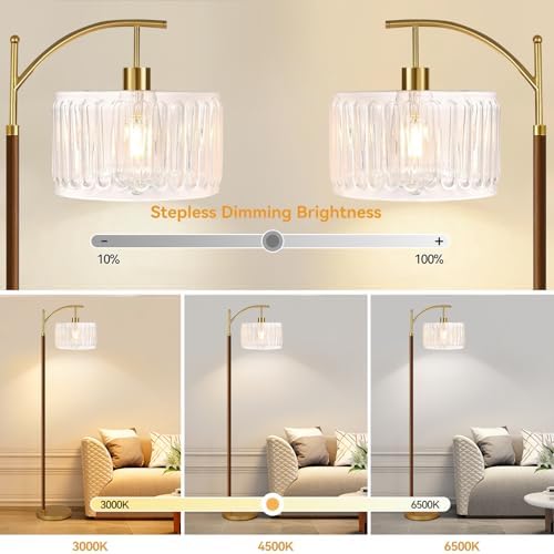 ILLMTW Arc Floor Lamp for Living Room,Bedroom,Glass Mid Century Modern Standing Lamp with Remote Dimmable,Wood Vintage Gold Tall Lamp White Lamp Shade Floor Lights Boho Bohemian Tiffany Style - Image 2
