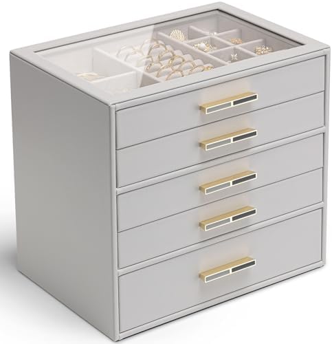 VLANDO 5 Layer Jewelry Box for Women, Glass Lid Jewelry Organizer with 5 Drawers for Necklaces Rings Earrings Bracelets - Grey by VLANDO