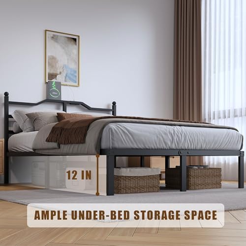 SHOANED Metal Bed Frame with Charging Station - 14 Inch King Size Heavy Duty Bedframe with Headboard Black Basic Steel Slats Platform No Box Spring Needed/Noise Free - Image 4