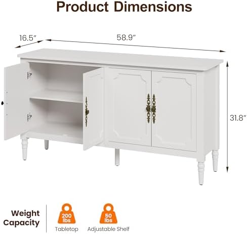 RoyalCraft Buffet Cabinet with Storage, 59" Vintage Sideboard with Adjustable Shelves, Mid Century Modern Painted Credenza Coffee Bar for Kitchen, Dining Room, Entryway, Living Room, Satin White - Image 2