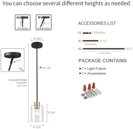 Black Brass Pendant Lights Kitchen Island - Clear Glass Pendant Light Fixture Multiple Stems Rods 3 Units 12 Inch 3 Units 4 Inch (1 Pack Black Brass Downrod) - Image 5