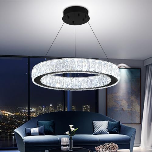 Modern 23.6'' Ring Crystal Chandelier Adjustable LED Ring Pendant Light Dimmable Black Round Crystal Chandelier Light for Dining Room Living Room - Image 2