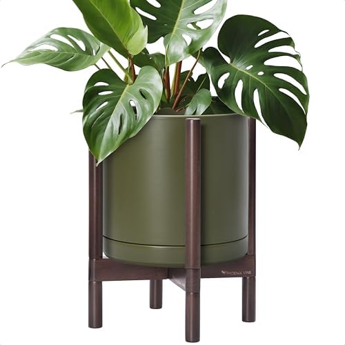D'vine Dev Ceramic Pot with Walnut Wood Stand, Olive, 12 in, 55-B-W-J by DvineDevPlanterPotsandStand