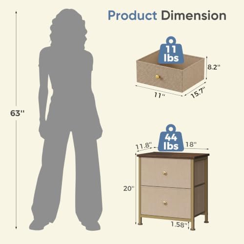 DUMOS Nightstand, Bedside Table for Bedroom, 2 Drawers Fabric Storage Chest - Image 3