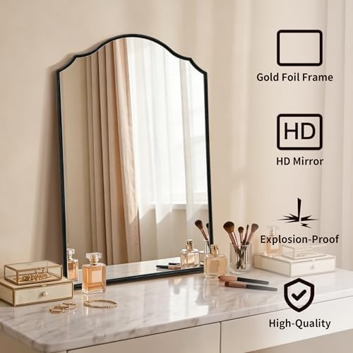 Besdomus Bathroom Mirrors for Over Sink: 24"x36" Black Wooden Arched Mirror - Image 2