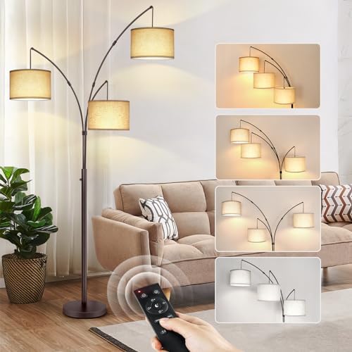 OUTON Floor Lamp with Remote Control, Modern Bright Lamps for Living Room, Adjustable 3-Light Tall Arched Lamp for Bedroom, Office, 2400lm Mid Century Design with Hanging Shade by OUTON