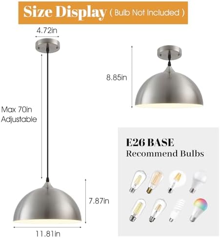 Brushed Nickel Pendant Light Kitchen Island 3 Pack, 11.8" Farmhouse Pendant Lights,Dome Pendant Light for Bedroom Dining Room Sink Hallway Foyer Barn Cafe - Image 2