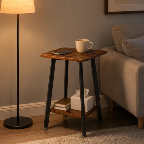 King Oasis Small End Table, Square Side Table with 2-Tier Open Storage Shelf, Wood and Metal Nightstand for Living Room, Bedroom or Small Space, Rustic Brow - Image 5
