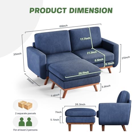 Vesgantti 68" Loveseat Sofa with Movable Ottoman, Comfy Corduroy Couch with Spring Cushion, Sofa Couch with Solid Wood, Modern Office Sofa with Deep Seat for Living Room and Bedroom, Dark Blue - Image 2