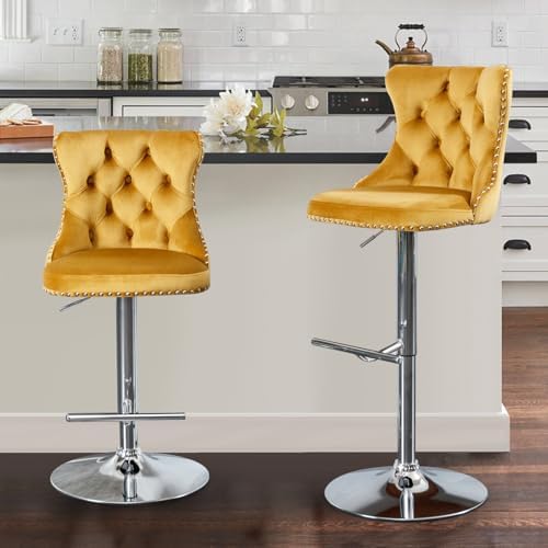 SoarFlash Velvet Bar Stool Set of 2, Adjustable Swivel Bar Stools with Silver Plated Metal Leg, Button Tufted, Footrest, Chrome Nailhead, Counter Height Chair for Kitchen, Bar, Dining Room (Gold) - Image 4