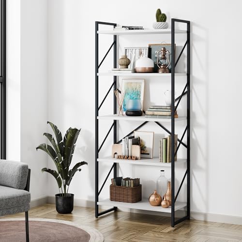 Shintenchi 5 Tiers Bookshelf, Classically Tall Bookcase Shelf,Industrial Book Rack,Modern Book Holder in Bedroom/Living Room/Office, Storage Rack Shelves for Books/Movies,11.8" Dx23.6 Wx62.2 H,White by Shintenchi%7CFurnitureMadeforRealLife