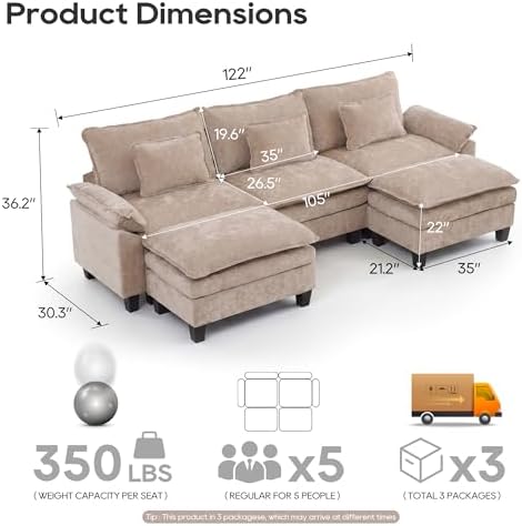 URRED Oversized Modular Sectional Sofa，Khaki：122" U Shaped - Image 2