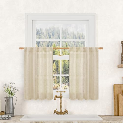 LAMIT Linen Kitchen Curtains 30 Inch Length for Small Windows, 2 Panels by LAMIT