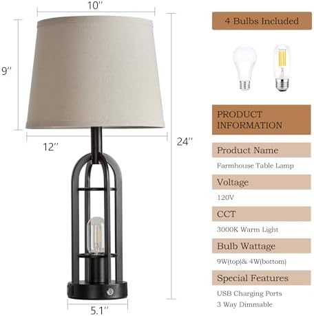 SRJJA 24" Farmhouse Touch Table Lamps for Living Room Set of 2 with USB A+C - Image 7