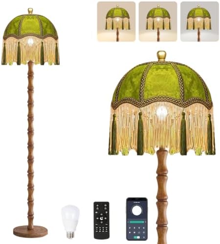 ILLMTW Vintage Floor Lamp for Living Room,Bedroom,Dimmable Standing Lamp with Remote,Green Mid Century Gold Tall Lamp Boho Retro Floor Light Wood Fringe Tassel Flower Unique Tiffany Victorian Decor by IlluminateTheWorld